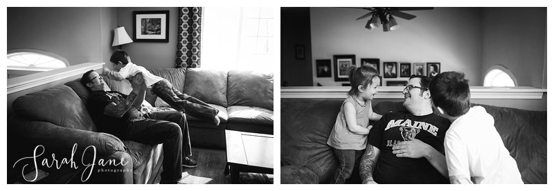 Maine Family portraits Pig Pile on dad during portrait session