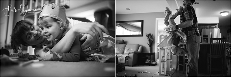 Acrobatic child in kitchen Sarah Jane Photography black and white portrait