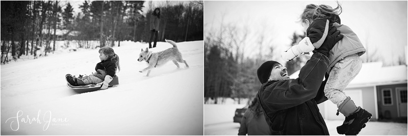 Sledding in the snow in Maine Sarah Jane Photography