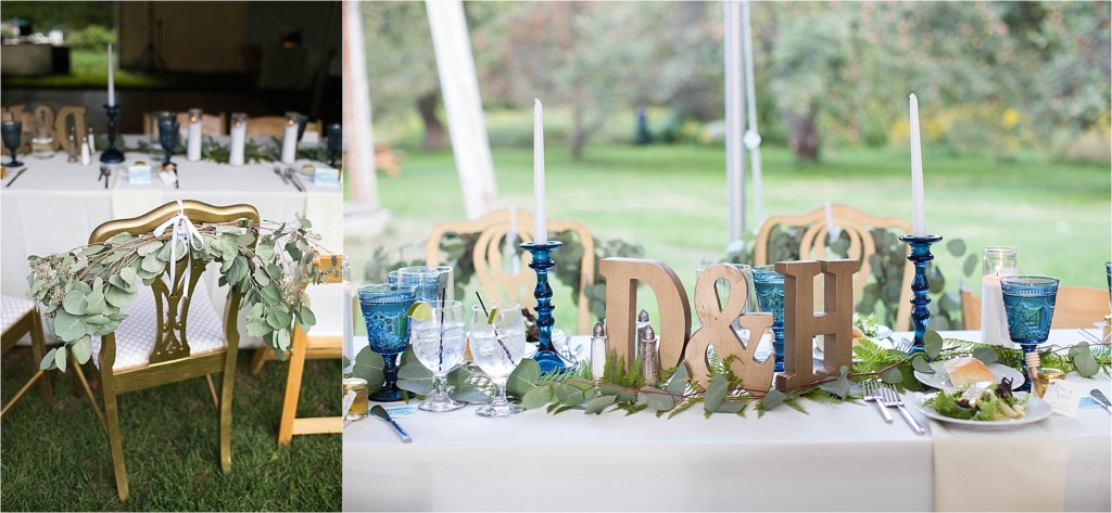 Table Decor with blue and gold Gisland Farm Falmouth Maine