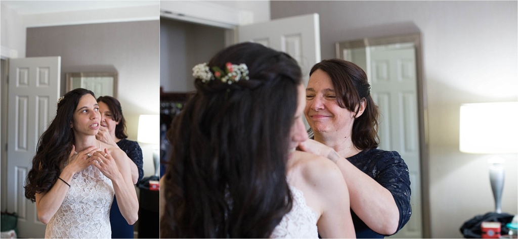 Bride getting ready with mother New Hampshire NH Wedding Photographer