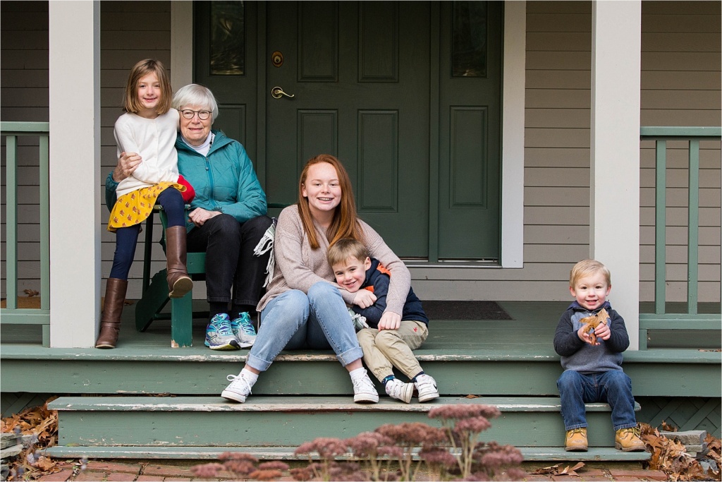 Great Grandmother with Great Grandchildren on front porch Falmouth Maine Family Photographer