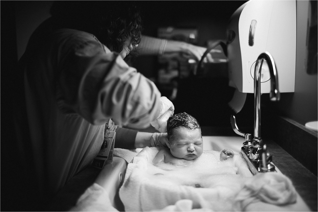 Maine birth photographer baby's first bath Sarah Jane Photography