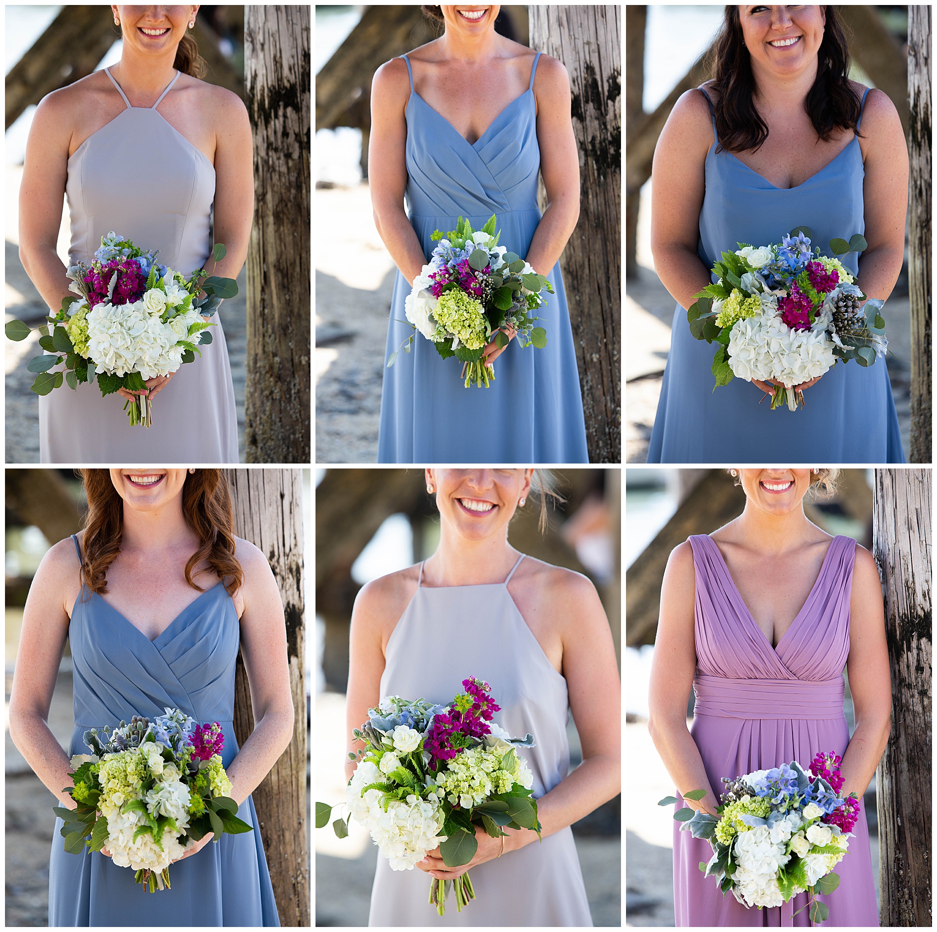 Bridesmaids different dresses blue purple grey peaks Island Portland Maine Wedding Photography