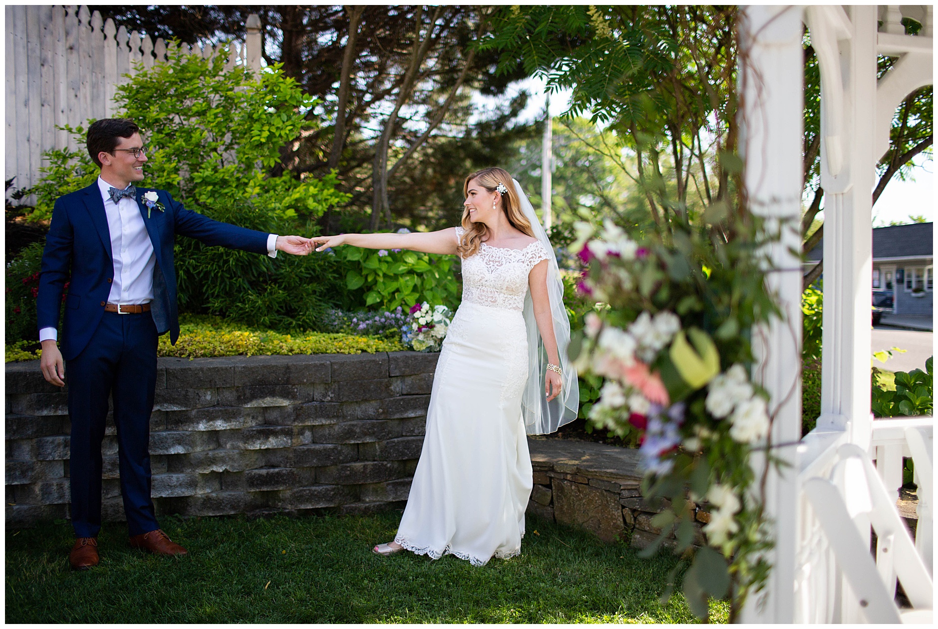 Wedding couple dancing in the garden at Inn on Peaks Island