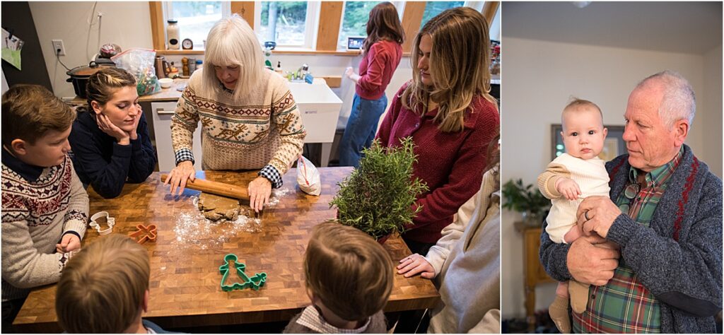 Family gathered around the kitchen rolling out gingerbread cookie dough to make cookies together as part of their holiday traditions