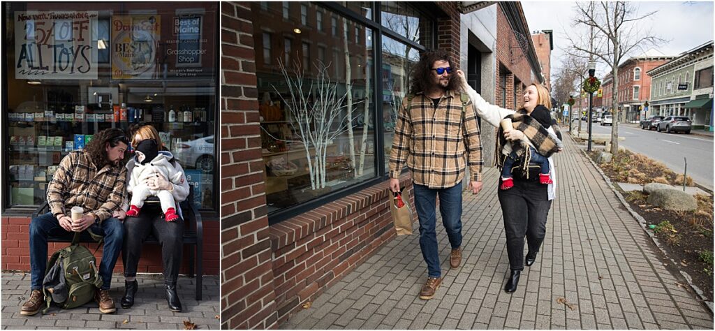 A small family walking down the street while Christmas shopping